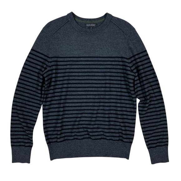 Banana Republic Merino Wool Sweater M Gray Black Striped Crewneck Pullover Mens - Picture 1 of 4